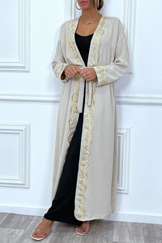 Kimono long ceinturé style abaya beige avec broderie doré - 6