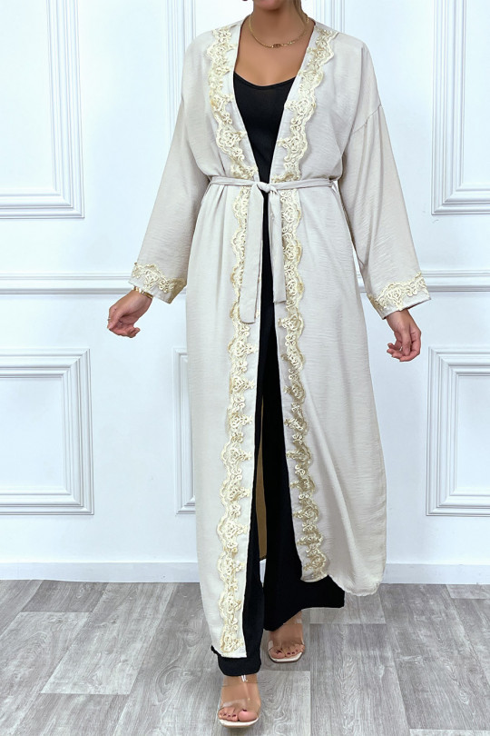 Kimono long ceinturé style abaya beige avec broderie doré - 7