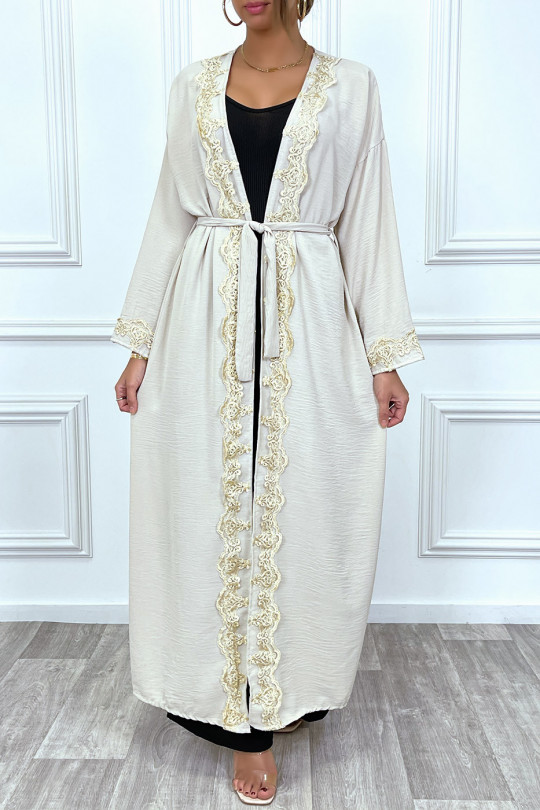 Kimono long ceinturé style abaya beige avec broderie doré - 8