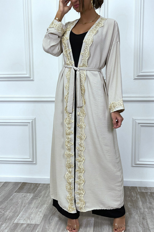 Kimono long ceinturé style abaya beige avec broderie doré - 9