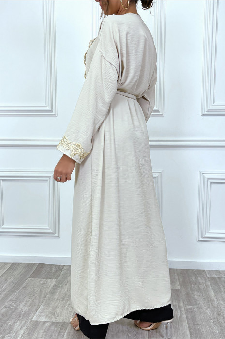 Kimono long ceinturé style abaya beige avec broderie doré - 10