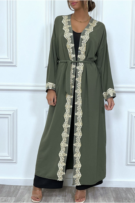 KiLKno long ceinturé style abaya kaki avec broderie doré - 5
