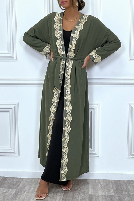 Long belted khaki abaya style kimono with gold embroidery - 6