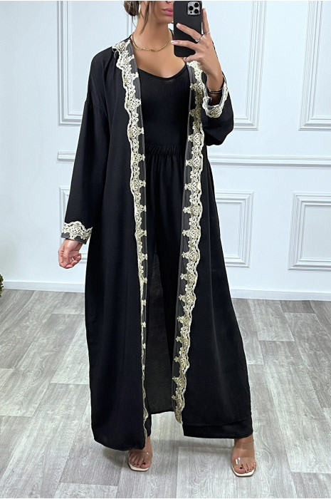 Kimono long ceinturé style abaya noir avec broderie doré - 1