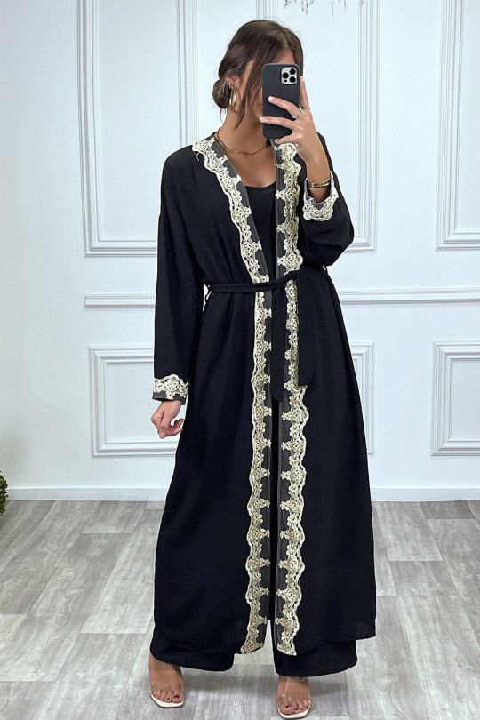 Kimono long ceinturé style abaya noir avec broderie doré - 2