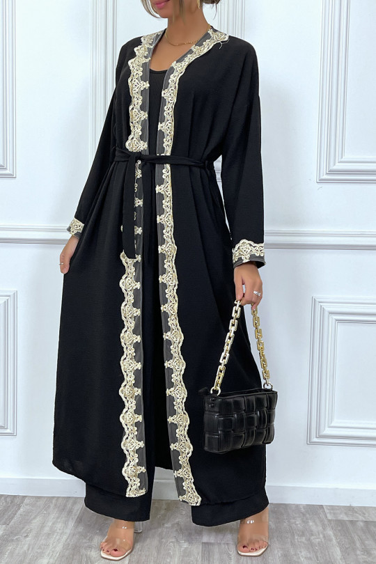 Kimono long ceinturé style abaya noir avec broderie doré - 3