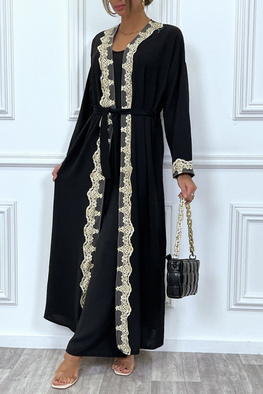 Kimono long ceinturé style abaya noir avec broderie doré - 4