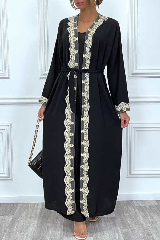 Kimono long ceinturé style abaya noir avec broderie doré - 5
