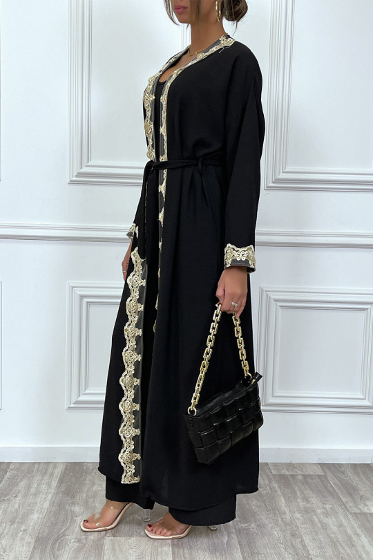 Kimono long ceinturé style abaya noir avec broderie doré - 7