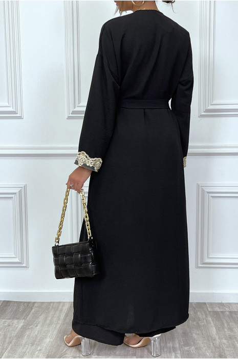 Kimono long ceinturé style abaya noir avec broderie doré - 8