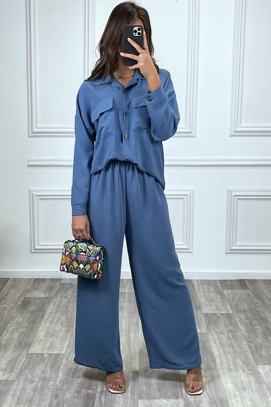 Ensemble pantalon et chemise avec poche bleu tendance - 1
