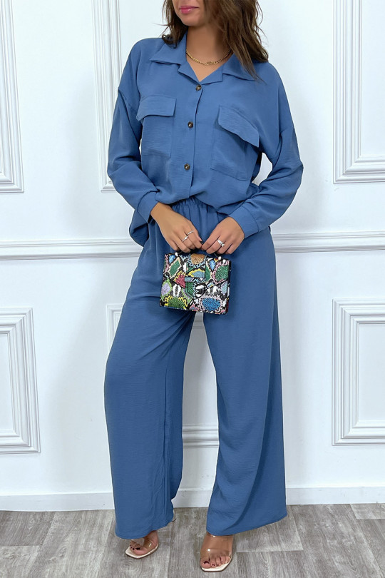 Ensemble pantalon et chemise avec poche bleu tendance - 4
