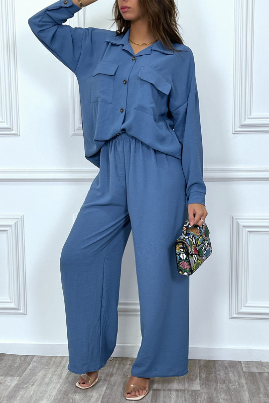 Ensemble pantalon et chemise avec poche bleu tendance - 5