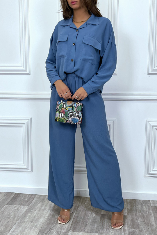 Ensemble pantalon et chemise avec poche bleu tendance - 6