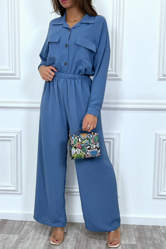 Ensemble pantalon et chemise avec poche bleu tendance - 8