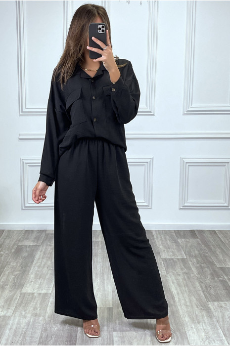 Ensemble pantalon et chemise avec poche noir tendance - 1