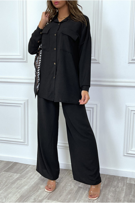 Ensemble pantalon et chemise avec poche noir tendance - 7