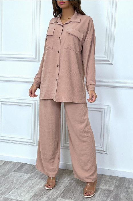 Ensemble pantalon et chemise avec poche rose tendance - 4