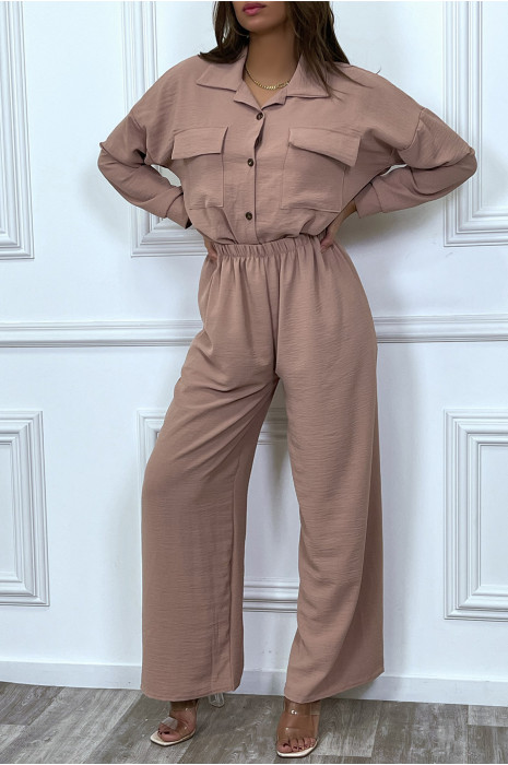 Ensemble pantalon et chemise avec poche rose tendance - 5