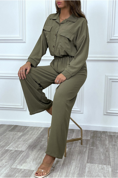 Ensemble pantalon et chemise avec poche kaki tendance - 1