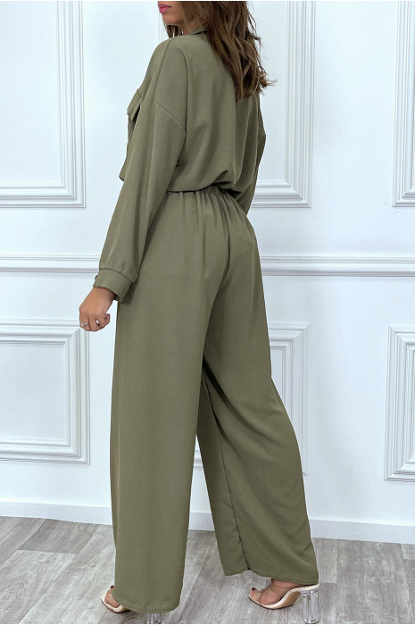 Ensemble pantalon et chemise avec poche kaki tendance - 2