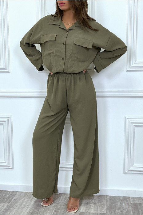 Ensemble pantalon et chemise avec poche kaki tendance - 3