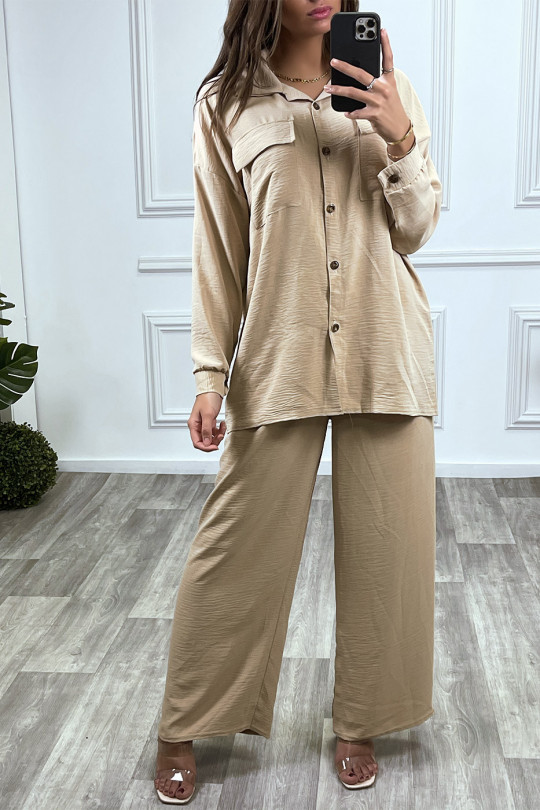 Pants and shirt set with trendy beige pocket - 1