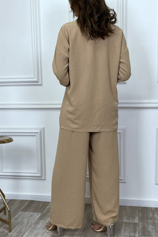 Ensemble pantalon et chemise avec poche beige tendance - 2
