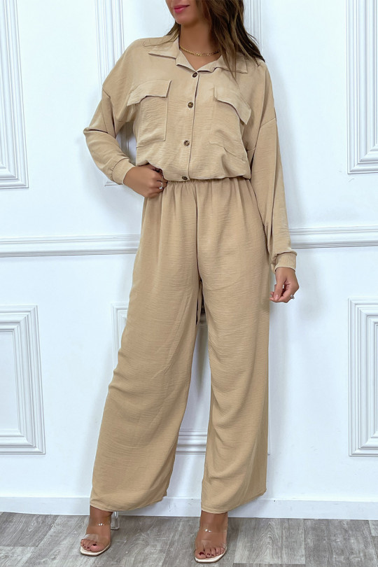 Pants and shirt set with trendy beige pocket - 6