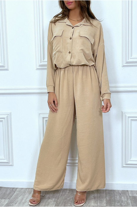 Pants and shirt set with trendy beige pocket - 7