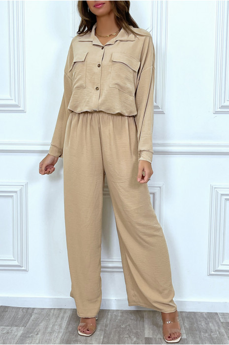 Pants and shirt set with trendy beige pocket - 8