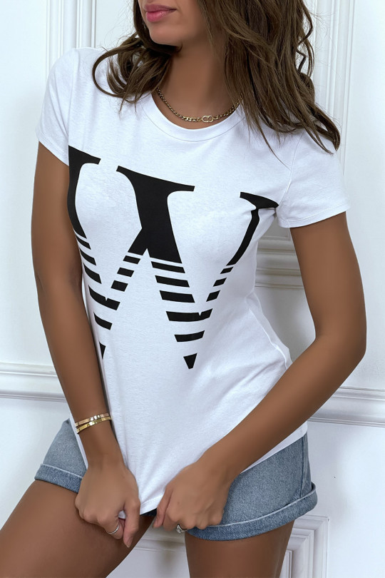 T-shirt manches courtes blanc à col rond, inscription "W" - 1