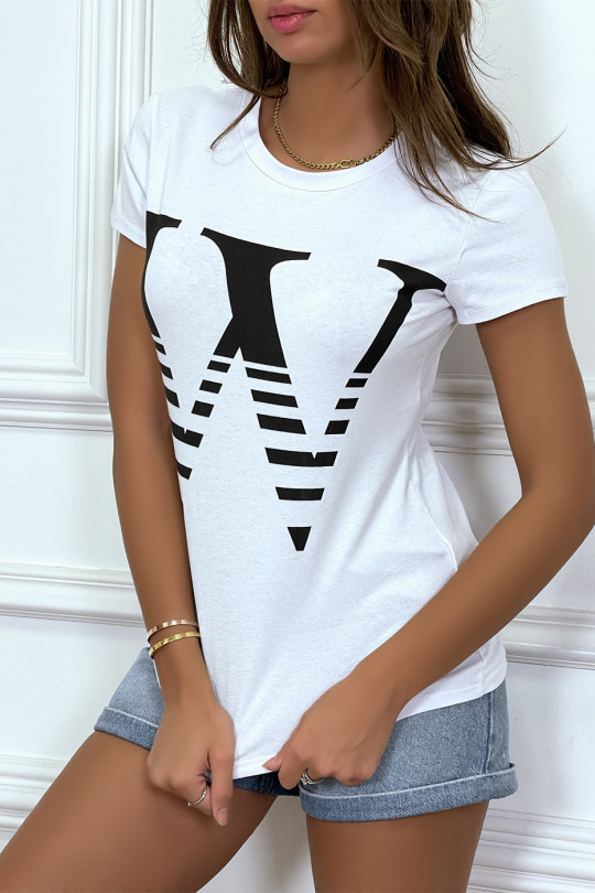 T-shirt manches courtes blanc à col rond, inscription "W" - 3
