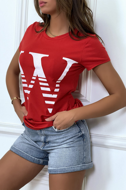 T-shirt manches courtes rouge à col rond, inscription "W" - 2