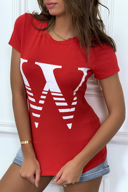 T-shirt manches courtes rouge à col rond, inscription "W" - 3