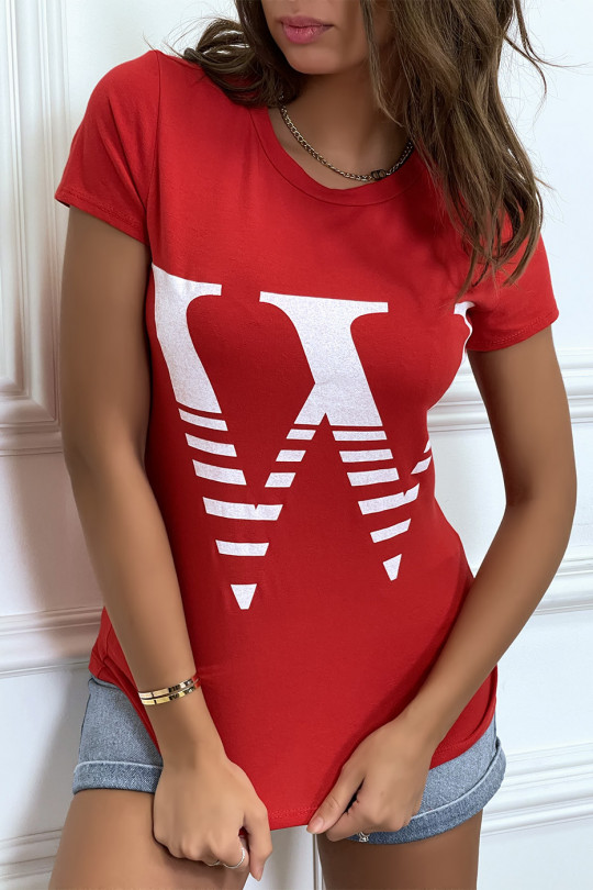 Short-sleeved red t-shirt with round neck, "W" lettering - 4