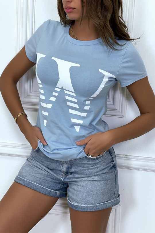 T-shirt manches courtes turquoise à col rond, inscription "W" - 2
