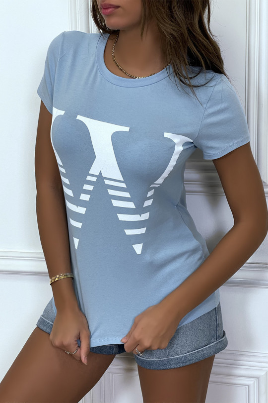T-shirt manches courtes turquoise à col rond, inscription "W" - 3