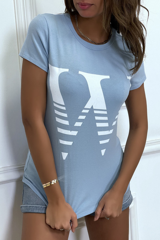 T-shirt manches courtes turquoise à col rond, inscription "W" - 4
