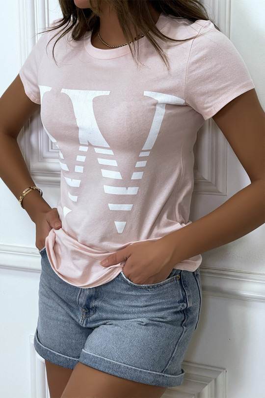 Short-sleeved pink round-neck t-shirt, "W" lettering - 2
