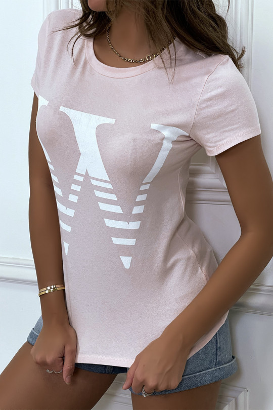 Short-sleeved pink round-neck t-shirt, "W" lettering - 3