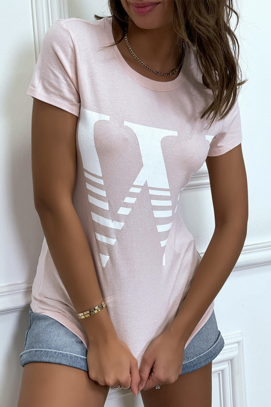 Short-sleeved pink round-neck t-shirt, "W" lettering - 4