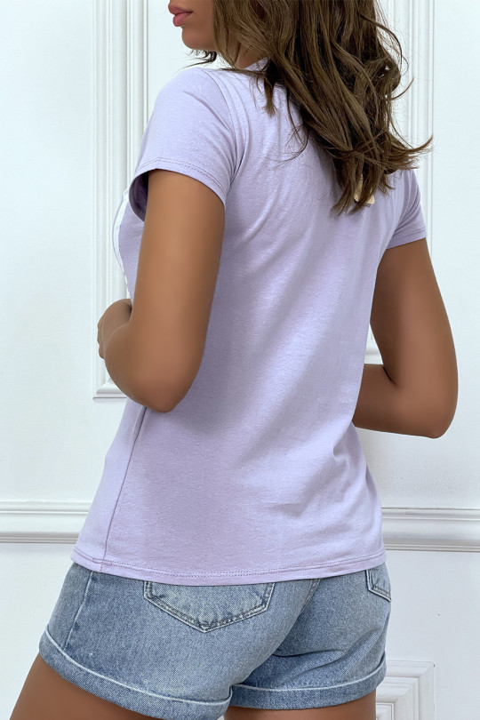 Lila T-shirt met ronde hals en korte mouwen, opschrift "W" - 1