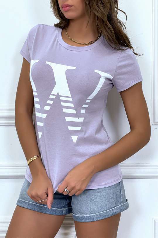 T-shirt manches courtes lila à col rond, inscription "W" - 2