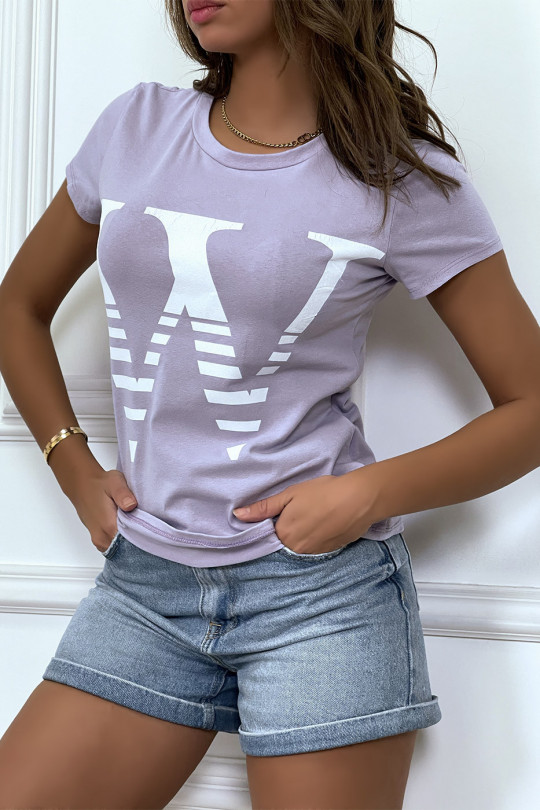 T-shirt manches courtes lila à col rond, inscription "W" - 3