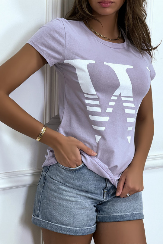 Short-sleeved lilac round-neck T-shirt, "W" lettering - 4