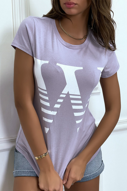 Short-sleeved lilac round-neck T-shirt, "W" lettering - 5