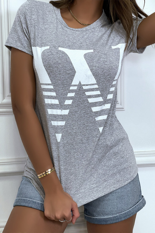 T-shirt manches courtes gris à col rond, inscription "W" - 2