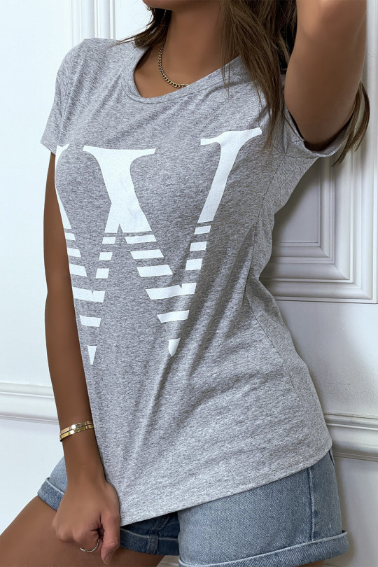 Short-sleeved gray t-shirt with round neck, "W" lettering - 3