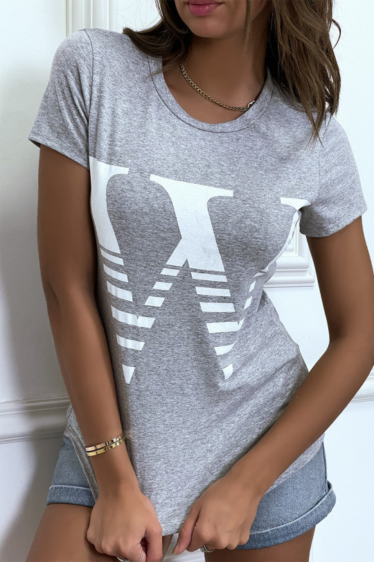 Short-sleeved gray t-shirt with round neck, "W" lettering - 4